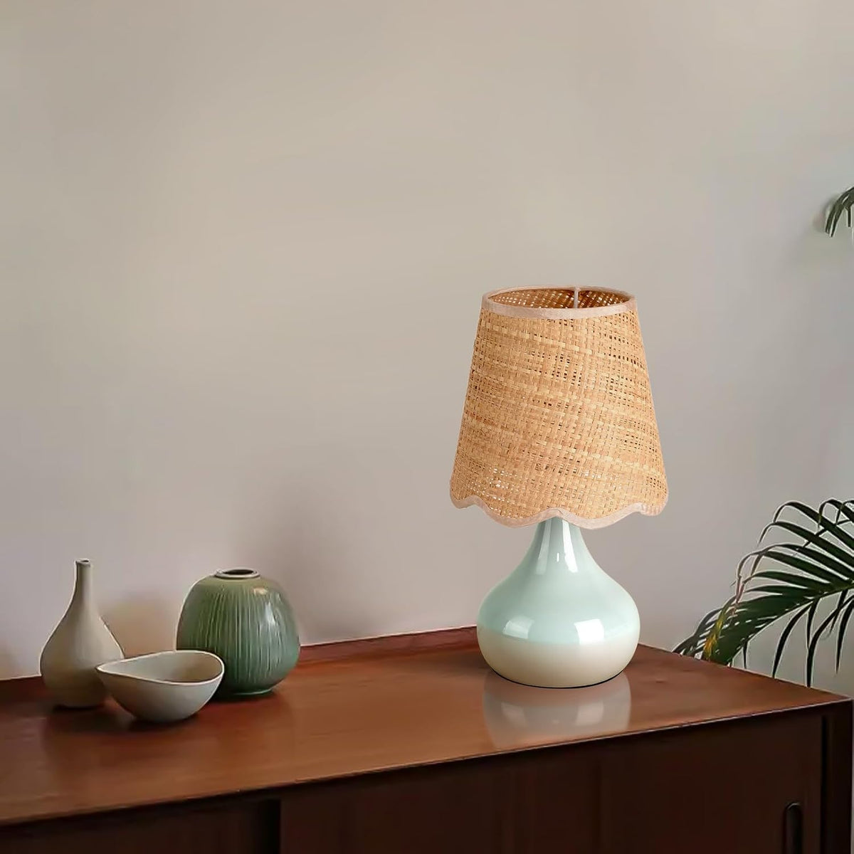 Light Blue Boho Small Table Lamp for Small Spaces, Small Rattan Shade Bedside Lamp for Bedroom, Cute Nightstand Light for Bedside, Kitchen Counter, Bookshelf Lamp, Home Office, Living Room, Dorm