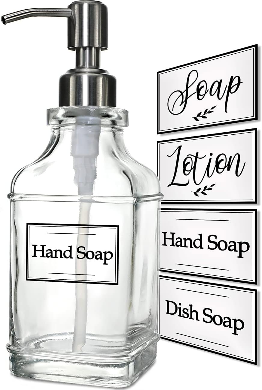 JASAI Antique Design Soap Dispenser with Rust Proof 304 Stainless Steel Pump, Refillable Glass Soap Dispenser with 10Pcs Clear Stickers, Premium Kitchen & Bathroom Soap Dispenser