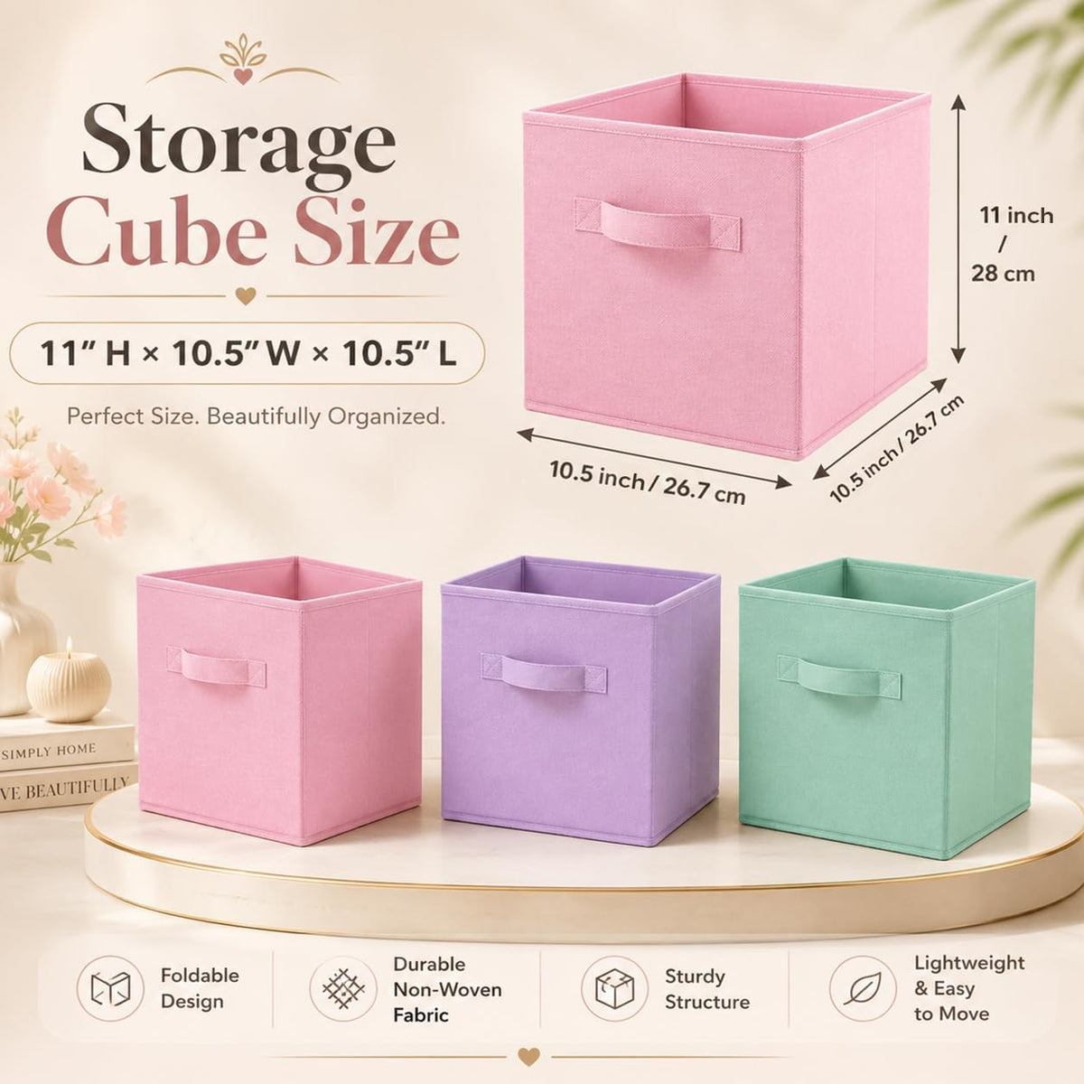Storage Cubes, Foldable Large Fabric Cloth Storage Bins with Handle, 11 Inch Durable Collapsible Baskets Organizers Box for Closet Shelves Bedroom Books Home Organization Office, 3 Pack