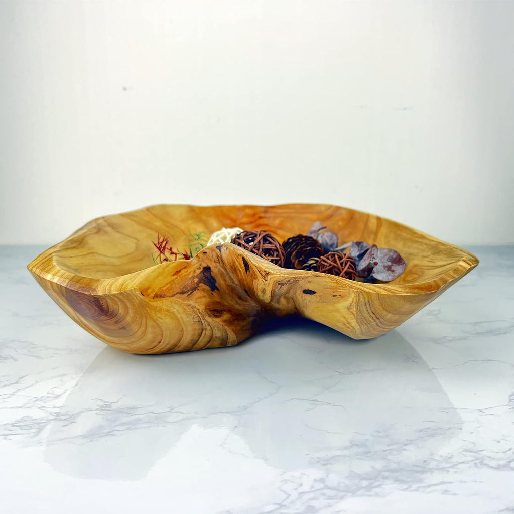 Wooden Bowl for Decor, Natural Shape Solid Wood Carved Fruit Bowl, Decorative Wooden Bowl for Table Centerpiece Office Home Decor, Multipurpose Candy Keys Serving Bowls (Medium 10"-12")