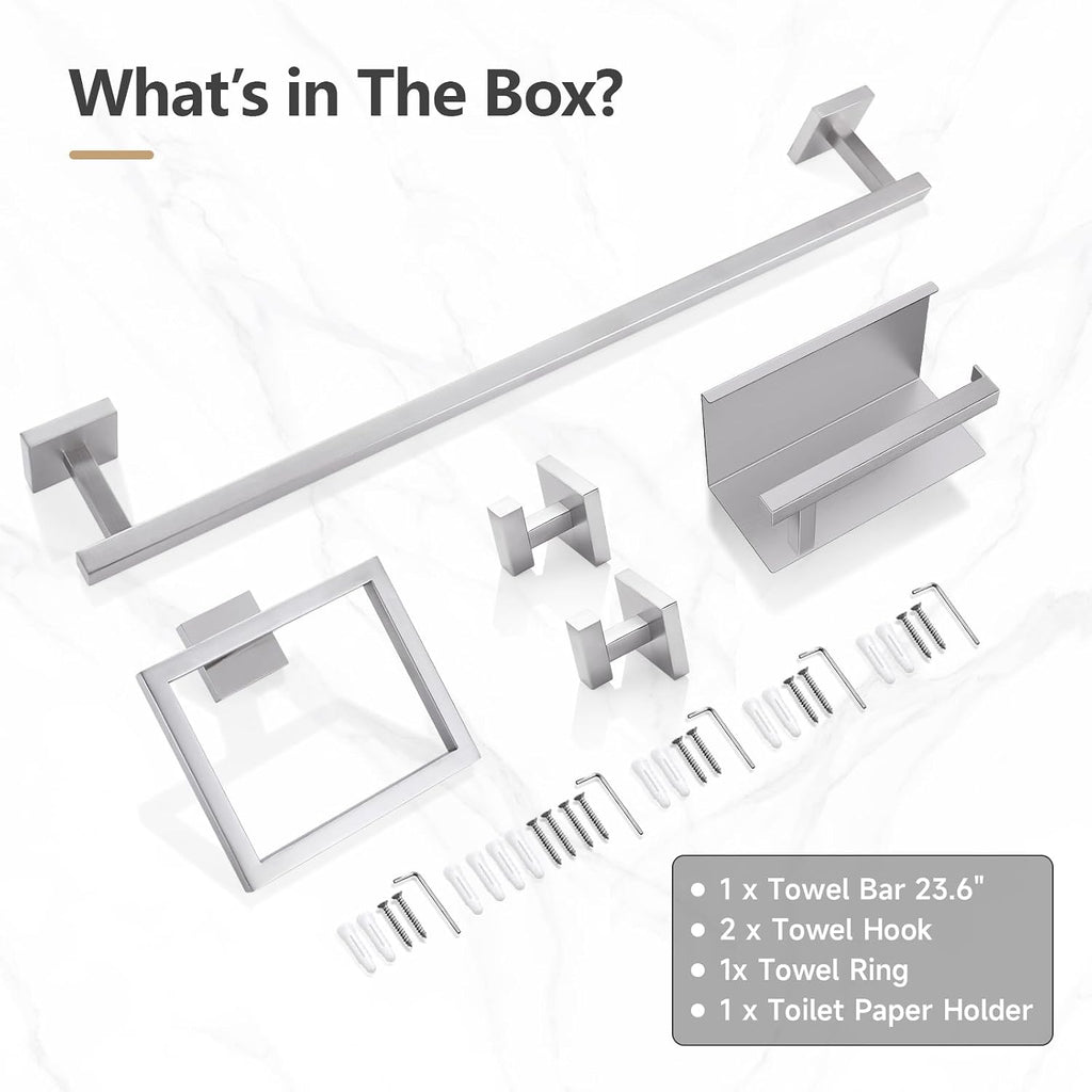 TQKAG 5-Pieces Brushed Nickel Bathroom Hardware Accessories Set 23.6" SUS304 Stainless Steel Towel Bar Set Wall Mounted Square Toilet Paper Holder with Shelf