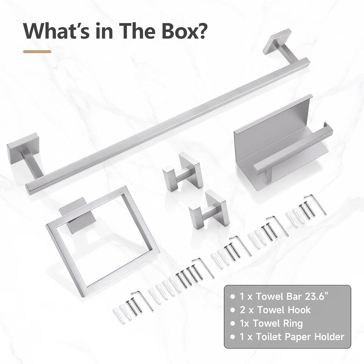 TQKAG 5-Pieces Brushed Nickel Bathroom Hardware Accessories Set 23.6" SUS304 Stainless Steel Towel Bar Set Wall Mounted Square Toilet Paper Holder with Shelf