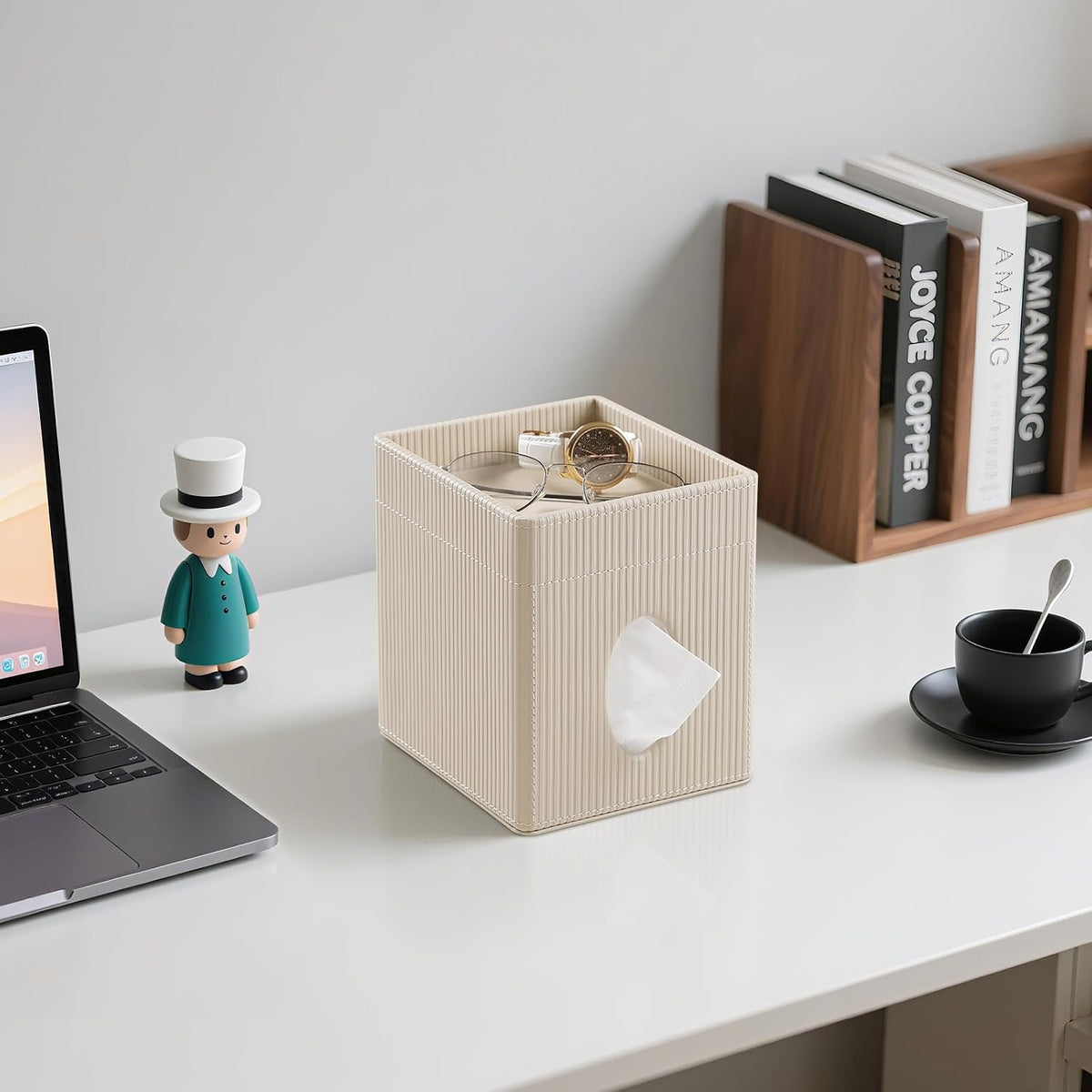 Square Tissue Box Cover with Storage Tray, Tissue Box Organizer, Beige