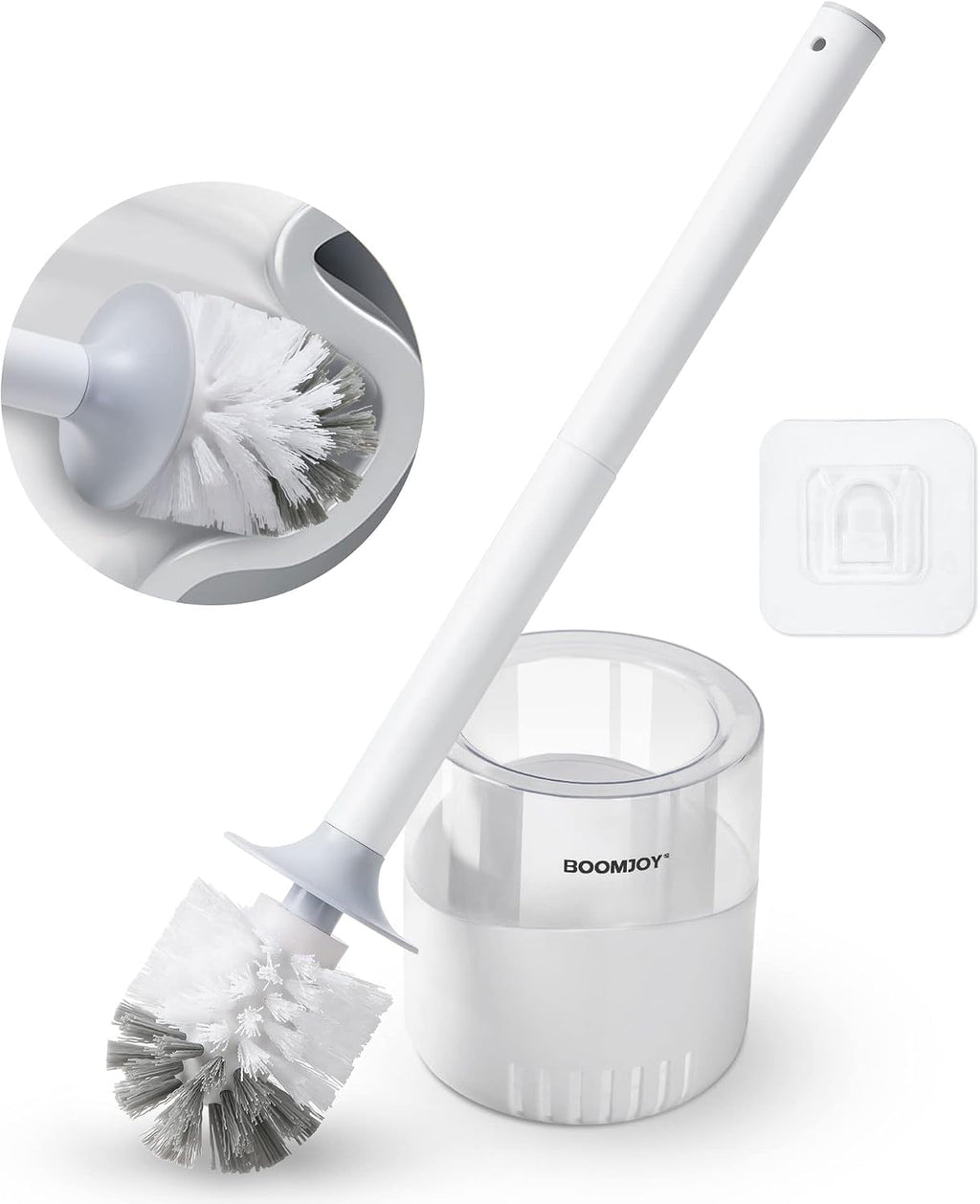 BOOMJOY Toilet Bowl Brush and Holder - Durable Head Toilet Cleaner Brush with Dense Bristles & Clear Base for Bathroom Deep Cleaning - Household Cleaning Accessories - White