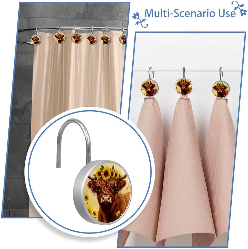 12 Pcs Sunflowers and Highland Cow Round Shower Curtain Hooks Stainless Steel Decorative Hanger Rings for Bathroom Kitchen Bedroom Curtain Rods