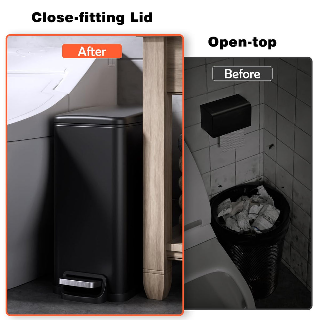 Slim Bathroom Trash Can with Lid Soft Close, 2.6 Gallon Stainless Steel Garbage Can with Removable Inner Bucket, Durable Step Pedal, Small Trash Bins for Toilet, Bedroom, Kitchen, Office