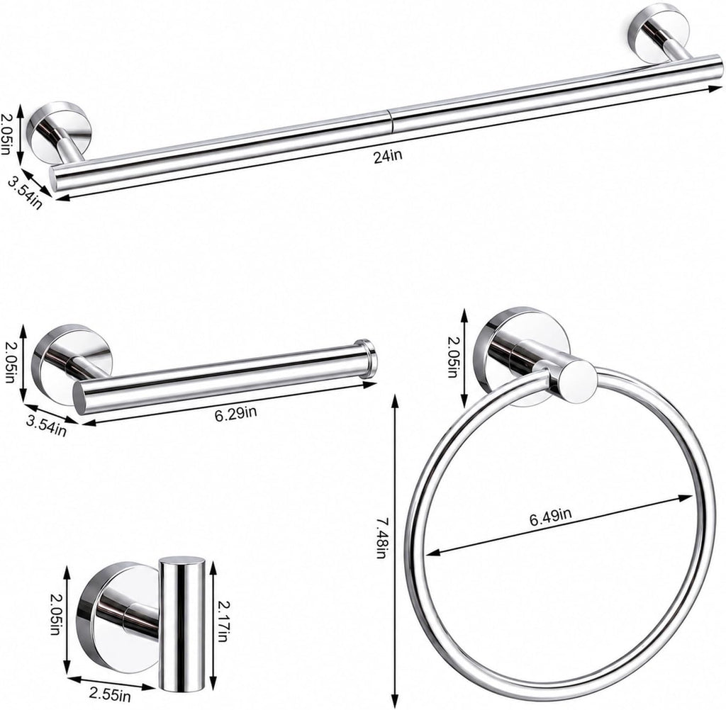 Chrome Bathroom Accessories Set, 6 Pieces Bathroom Hardware Set Chrome Bathroom Set, 24 Inch Towel Racks for Bathroom, SUS304 Stainless Steel Bath Towel Bar Set Toilet Paper Holder Wall Mounted