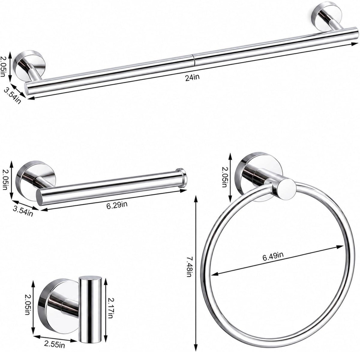 Chrome Bathroom Accessories Set, 6 Pieces Bathroom Hardware Set Chrome Bathroom Set, 24 Inch Towel Racks for Bathroom, SUS304 Stainless Steel Bath Towel Bar Set Toilet Paper Holder Wall Mounted