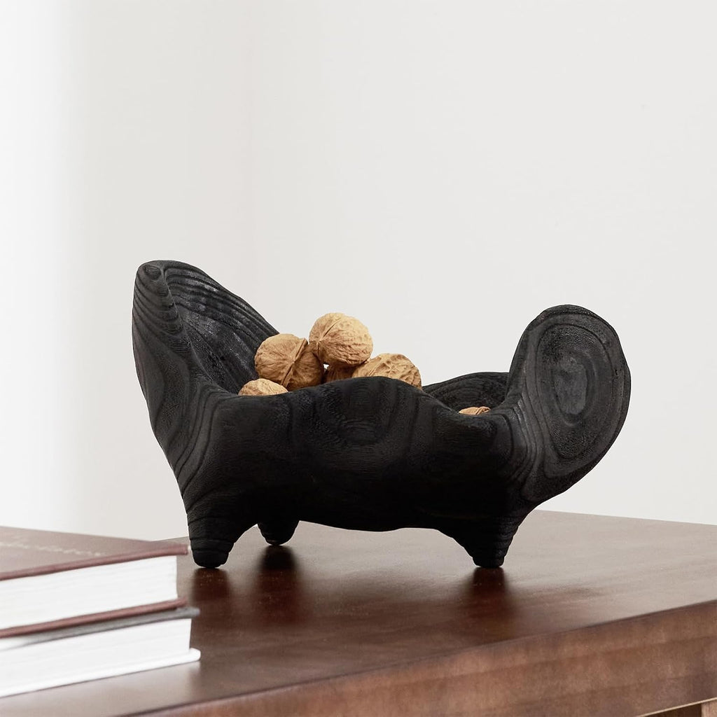 DN DECONATION Oak Wood Black Decorative Bowl, 9.25x5.51 Inch Small Bowl