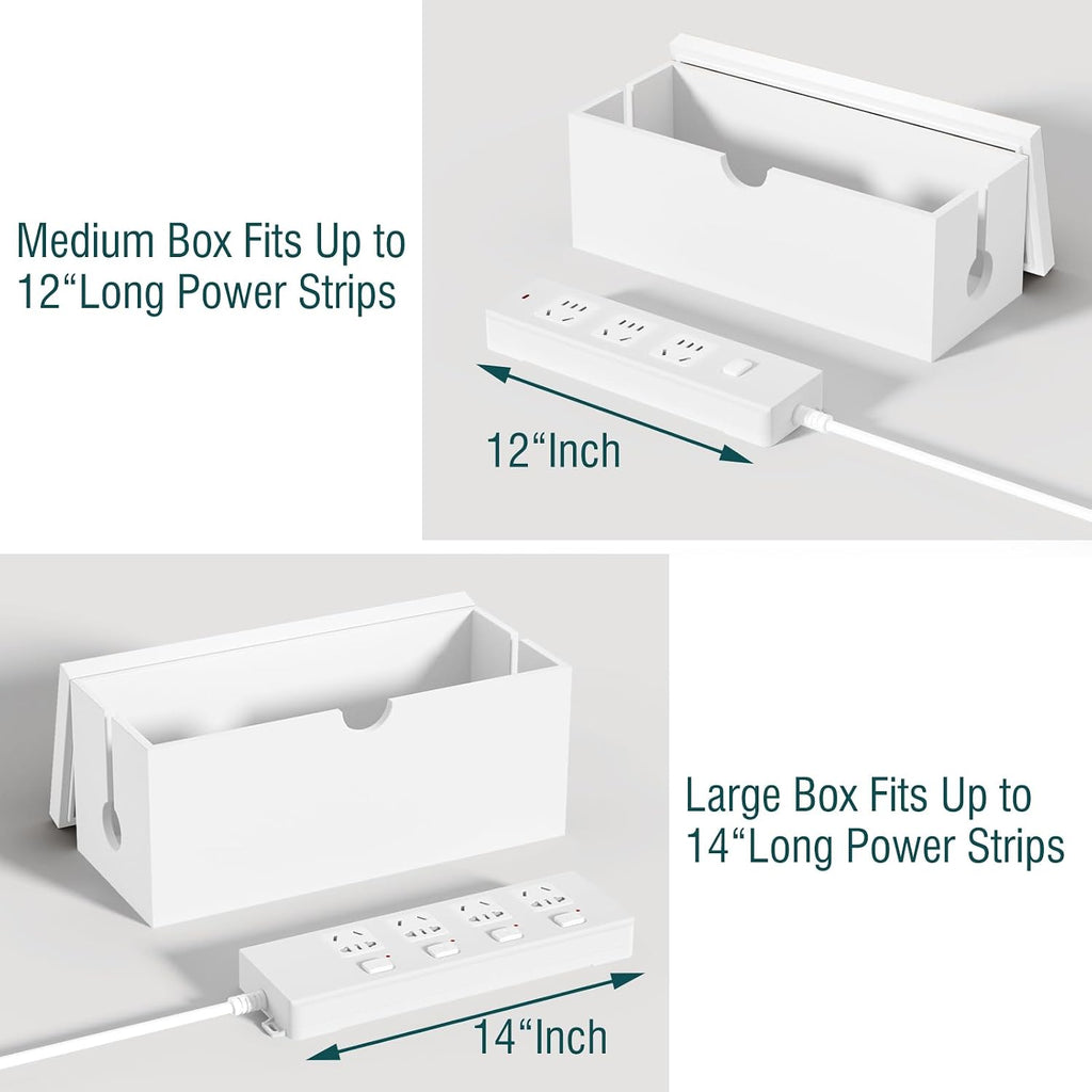 Bamboo Cable Management Box, Large Cord Organizer Box Cable Box to Hide Wires & Power Strips for Desktop Storage Cord Holder for Office Home,No Assembley Required (All White, 2 Packs(M+L))