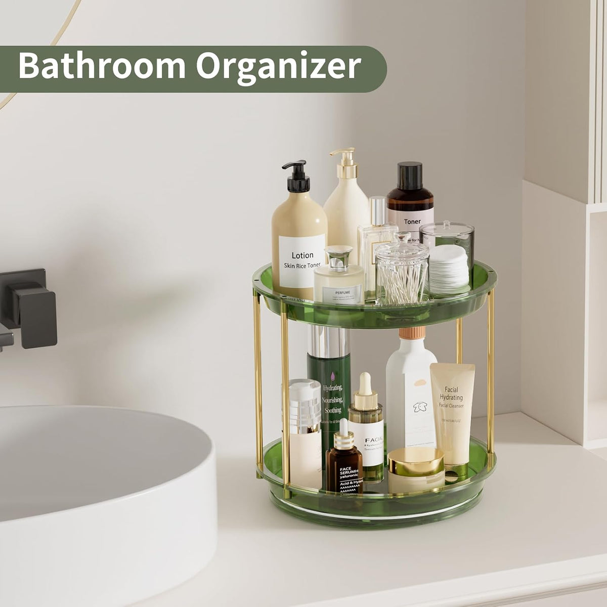 Rotating Makeup Organizer, Perfume Skincare Holder, 2 Tier 9 Inch, Green