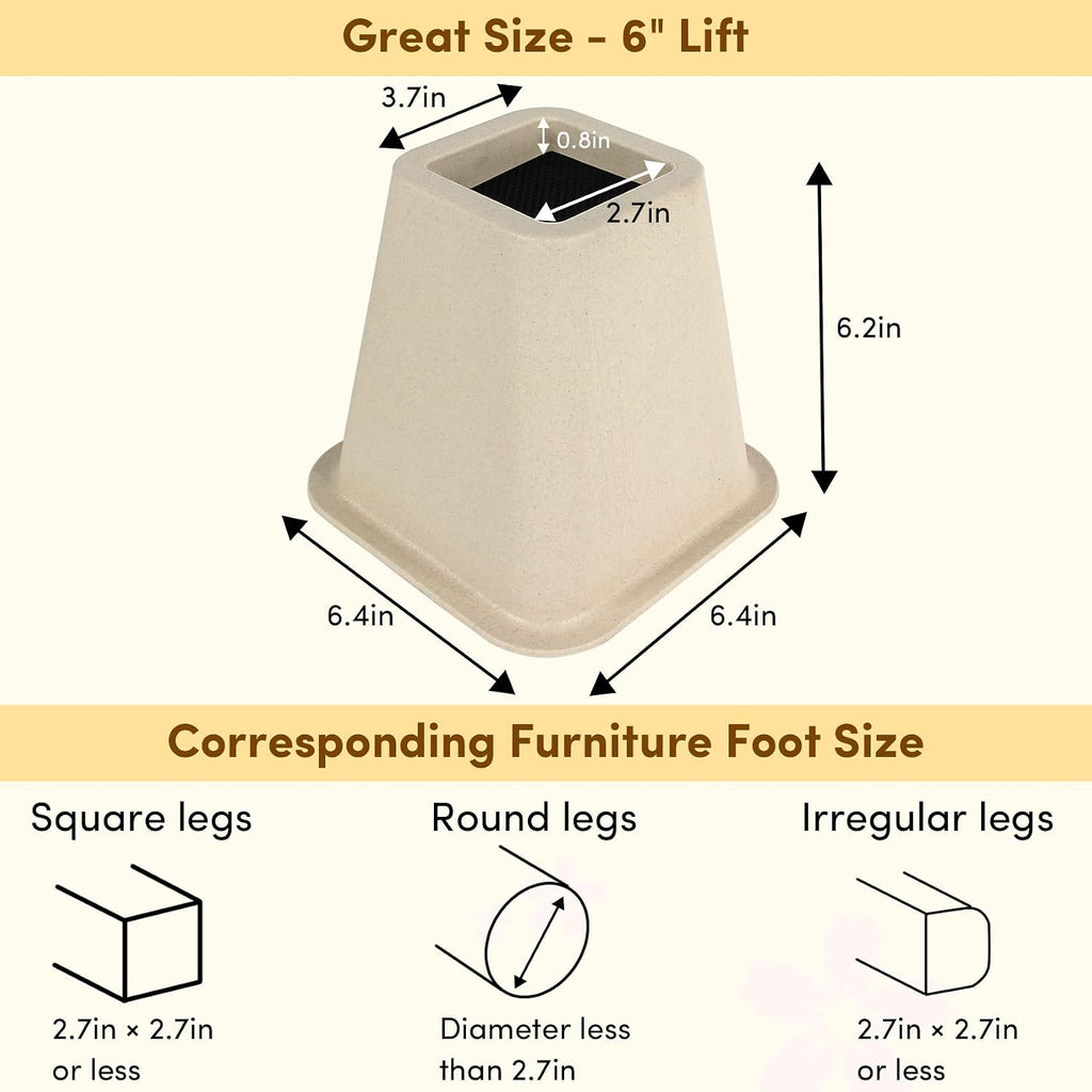 DEDU Bed Risers 6 Inch Heavy Duty 6 Pack, Furniture Risers for Sofas Oversized, Couch Risers with Non-Slip Pad Supports Up to 2200 Lbs for Bed, Desk, Chair (Beige)