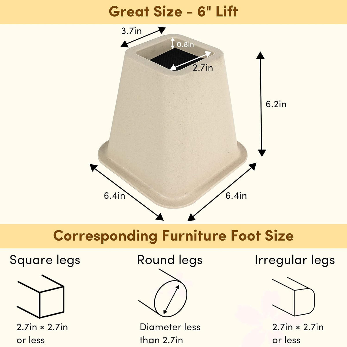 DEDU Bed Risers 6 Inch Heavy Duty 6 Pack, Furniture Risers for Sofas Oversized, Couch Risers with Non-Slip Pad Supports Up to 2200 Lbs for Bed, Desk, Chair (Beige)