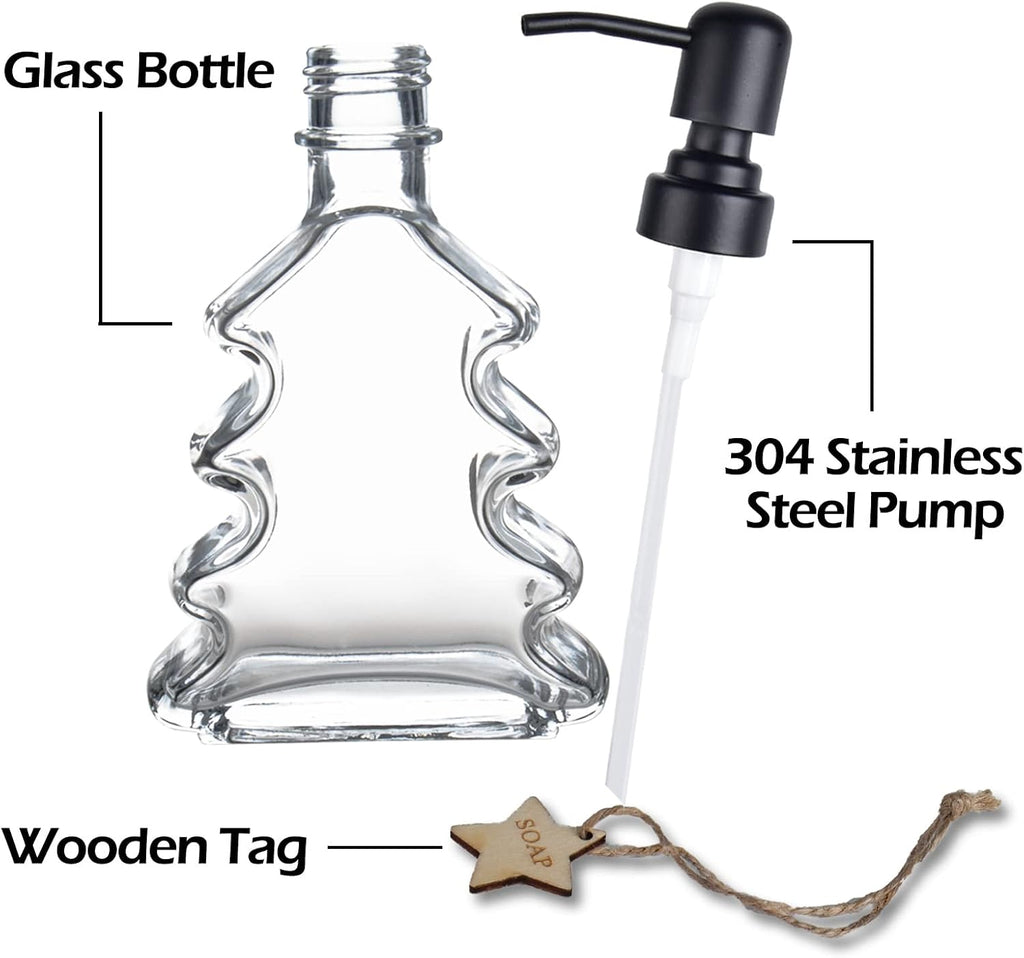 Christmas Tree Soap Dispenser, Glass Soap Dispenser with Black 304 Rust Proof Pump, Christmas Tree Shaped Great for Xmas Decor, Hand Soap, Dish Soap, Kitchen, Bathroom