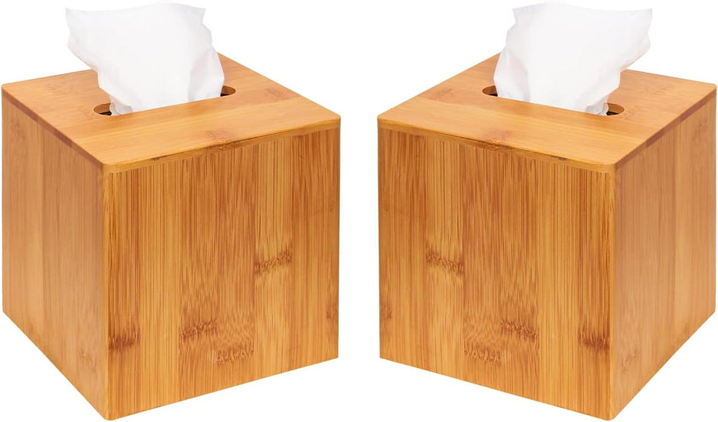 Bamboo Square Tissue Box Cover Holder Case Cover Holder Box Napkin Holder Organizer Stand(Set of 2, 5.67 x 5.67 x 5.67inches) - MK273AA