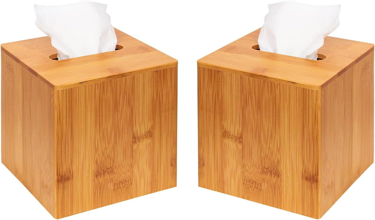 Bamboo Square Tissue Box Cover Holder Case Cover Holder Box Napkin Holder Organizer Stand(Set of 2, 5.67 x 5.67 x 5.67inches) - MK273AA