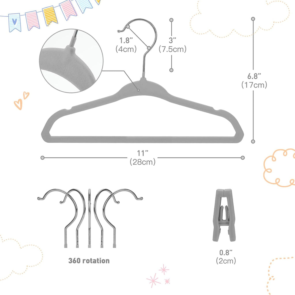 Babyrish Velvet Baby Hangers with Clips (30 Pack) | 11” Ultra-Slim Baby Clothes Hangers | Non-Slip Felt | Space-Saving Nursery & Infant Closet Organizer | Gray