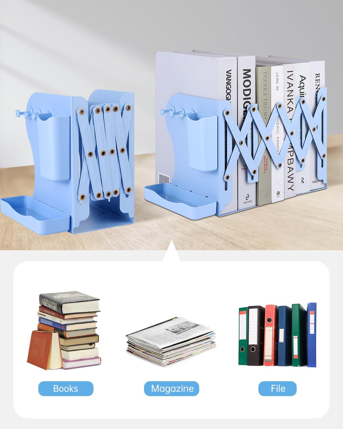 Honagu Adjustable Bookends, Metal Book Ends for Shelves Heavy Book, Bookend for Home, Office, Books, Papers, Book Stopper with Removable Hook, Pen Holder, Gifts for Students, Teachers（Light Blue）