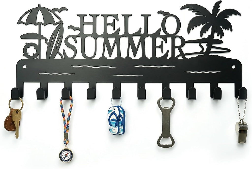 Metal Key Holder Wall Mount, Coastal Beach Key Rack Hooks, Hello Summer
