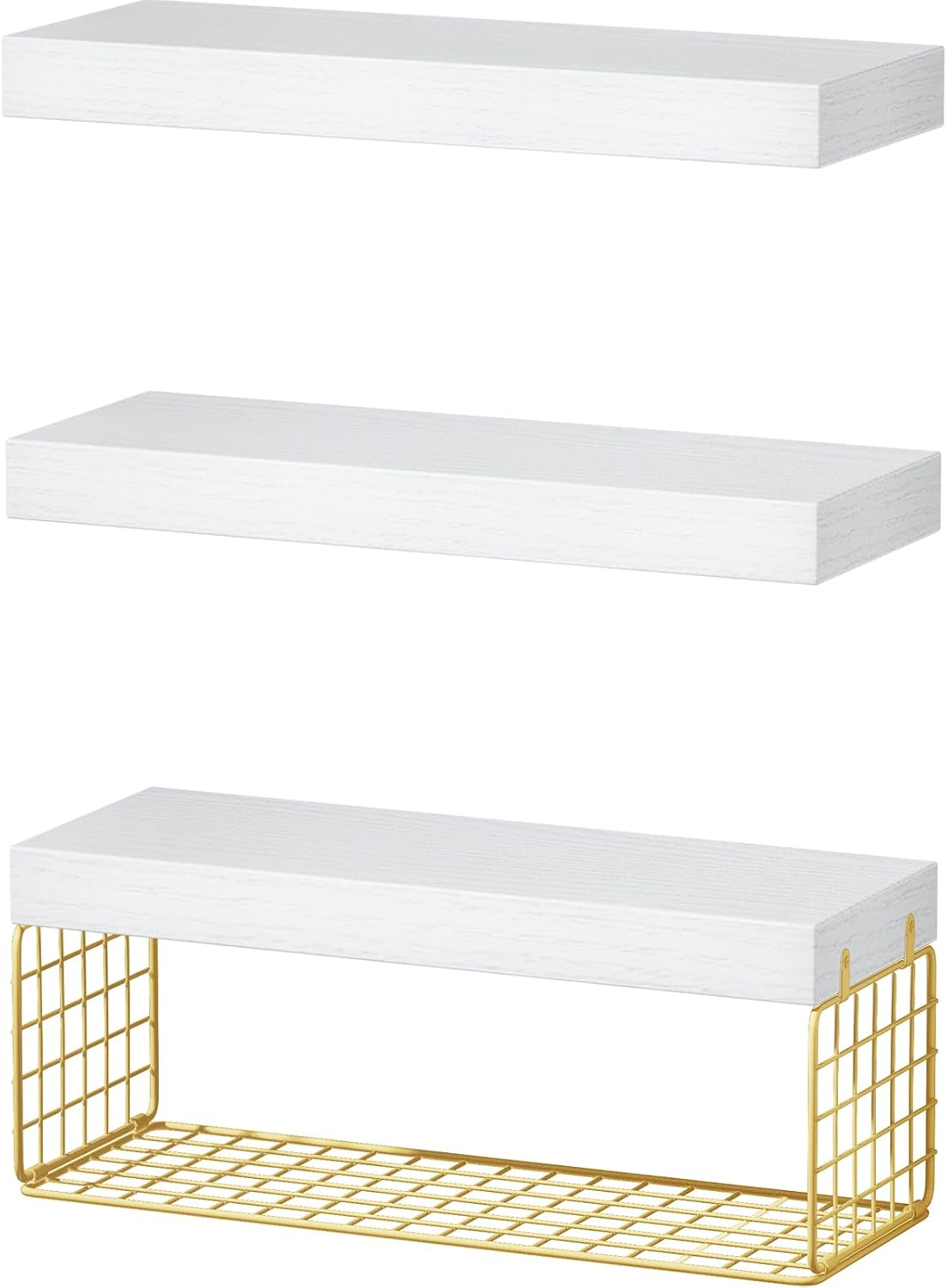 QEEIG Bathroom Shelves Over Toilet Wall (White and Gold, Set of 3, 15.7")