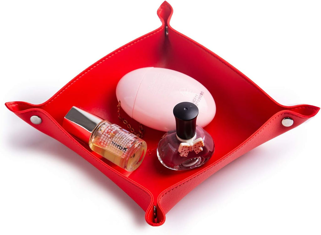 Leather Jewelry Valet Tray for Women and Man (Red-B)