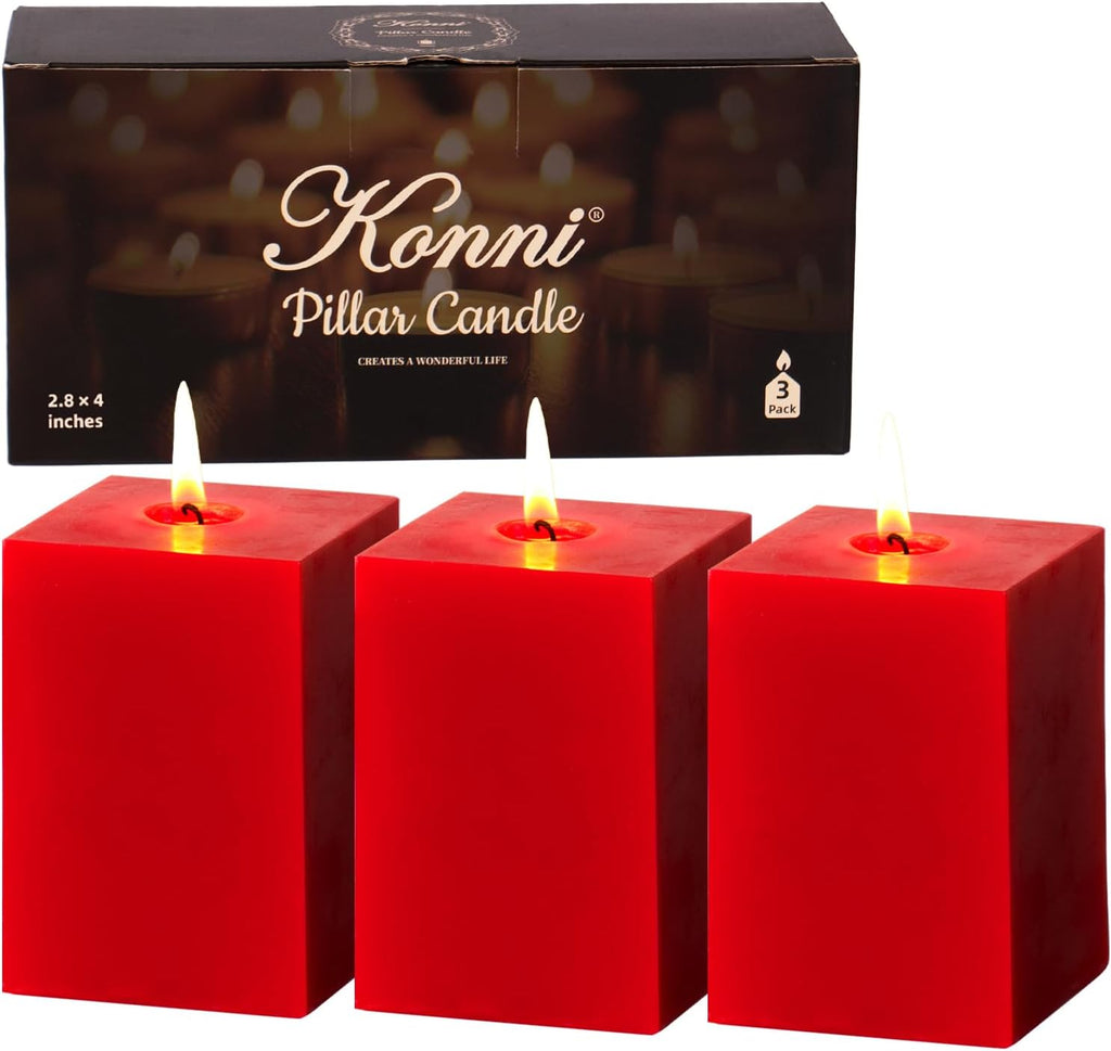 KONNI Pillar Candles Set of 3,2.8"X 4" Red Unscented Pillar