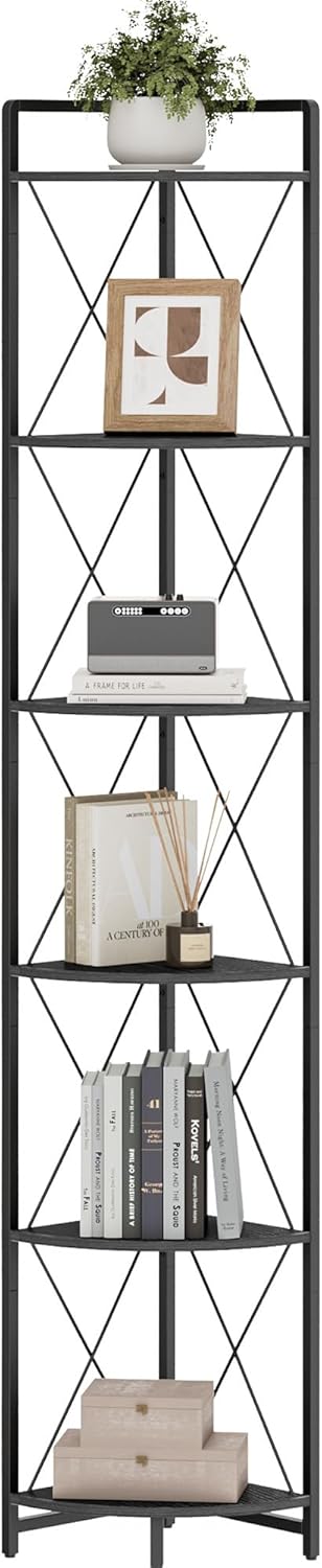 6 Tier Corner Shelf Stand, 78" H Tall Corner Bookshelf, Black