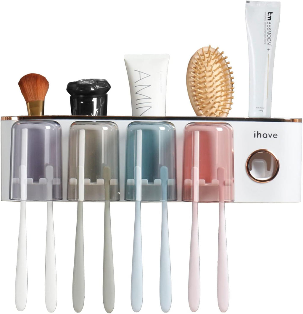 iHave Toothbrush Holders for Bathrooms Wall Mounted with Dispenser & 4 Cups