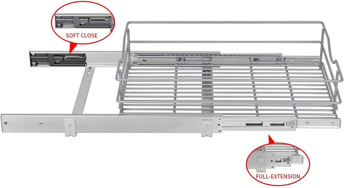 Pull Out Cabinet Organizer, (14½"W x 20" D) Soft Close Slide Out Drawer, 1 Tier Pull Out Cabient Shelf for Kitchen Base Cabinet Under Sink Space, Pantry Organization, Bathroom, Wire Basket