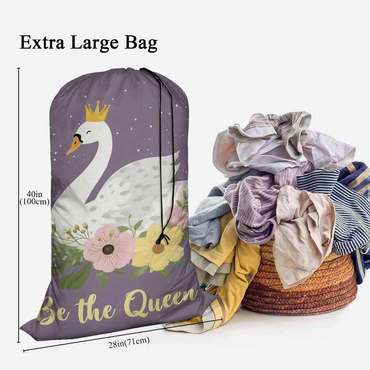 Swono Swan Dining Toy Storage Heavy Duty Basket Laundry Bag with Drawstring White Dreaming Swan Princess with Crown Be The Queen Floral Folding Organizer for Travel Washing Machine, Purple