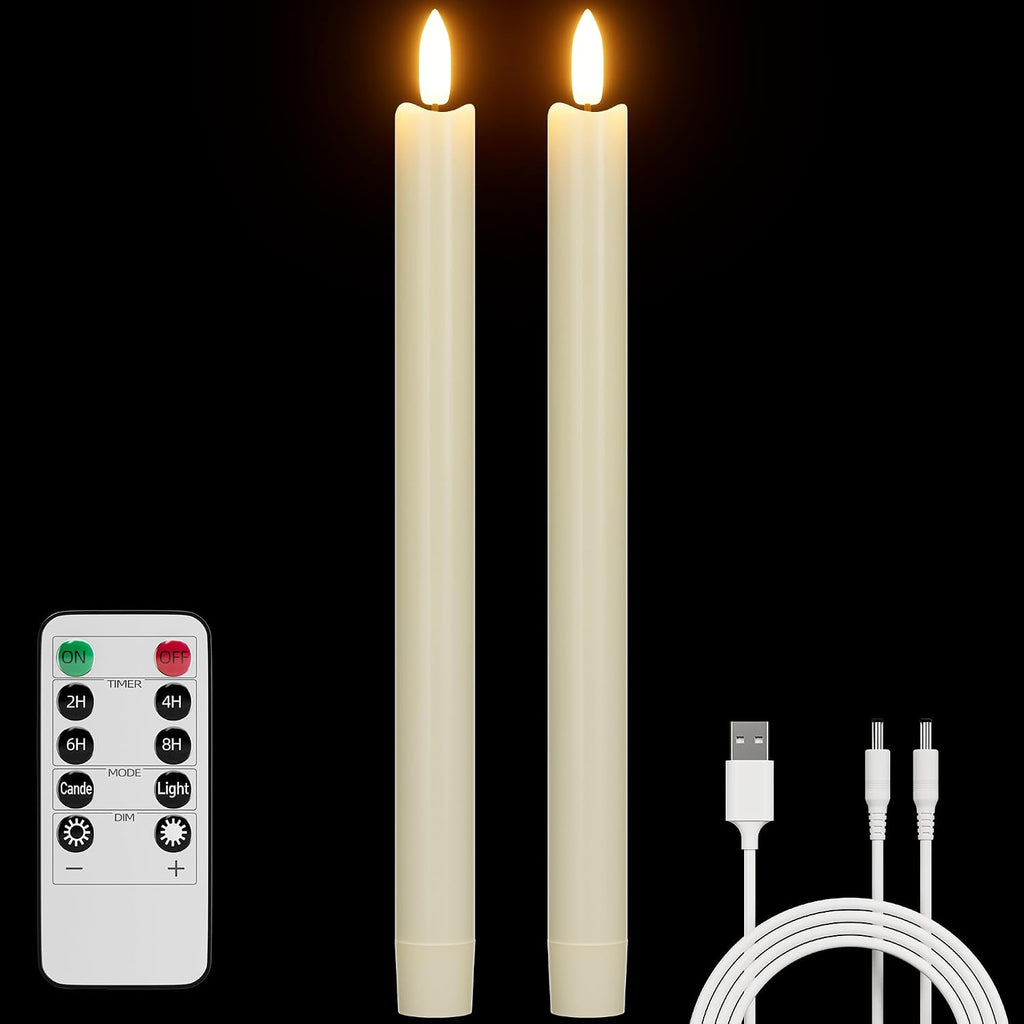 Rechargeable Flameless Taper Candles with Remote Real Wax Ivory 2Pcs