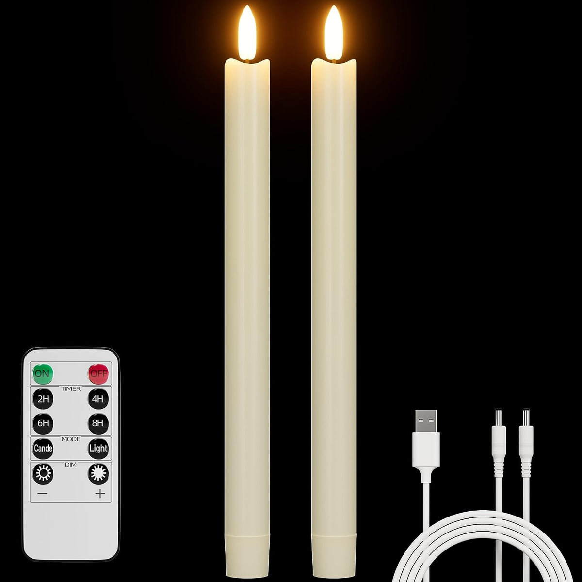 Rechargeable Flameless Taper Candles with Remote Real Wax Ivory 2Pcs