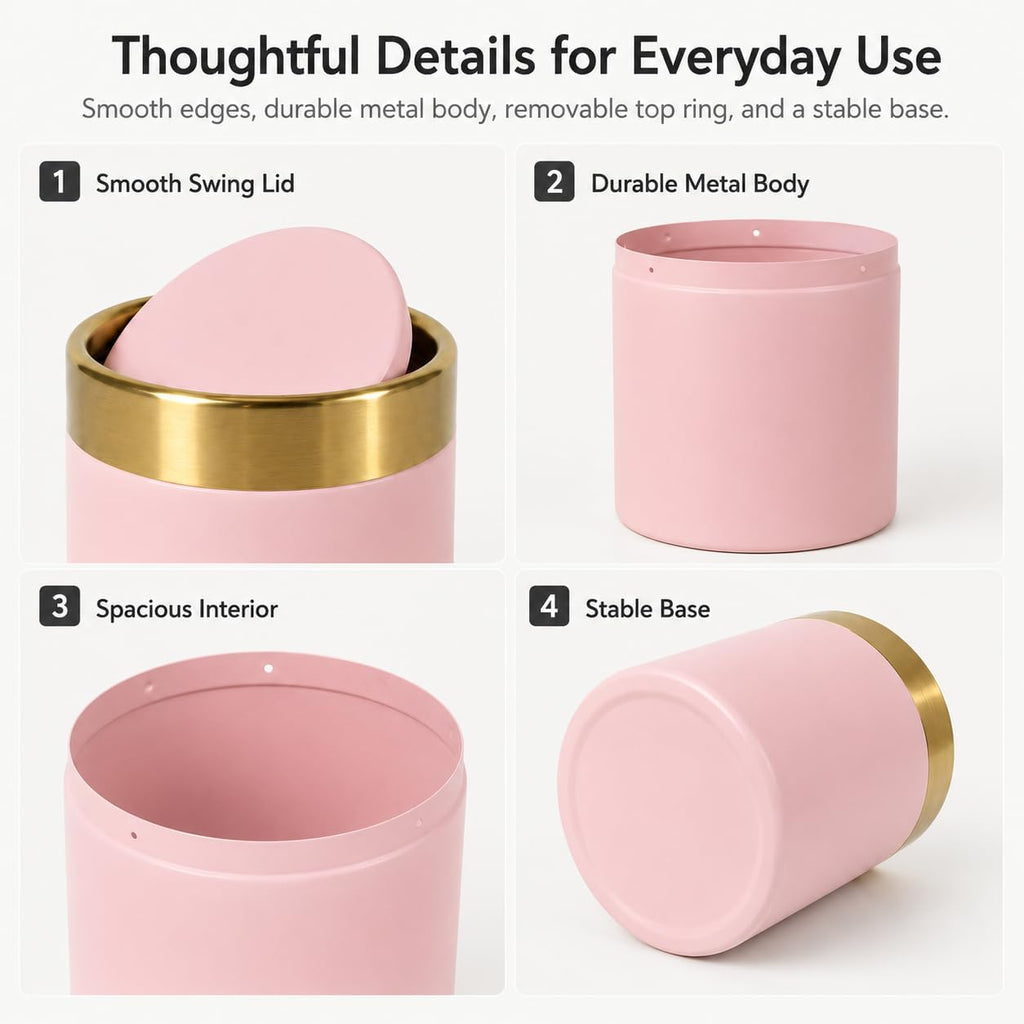 Pink Mini Trash Can with Swing Lid, 0.4 Gal Metal Countertop Bin