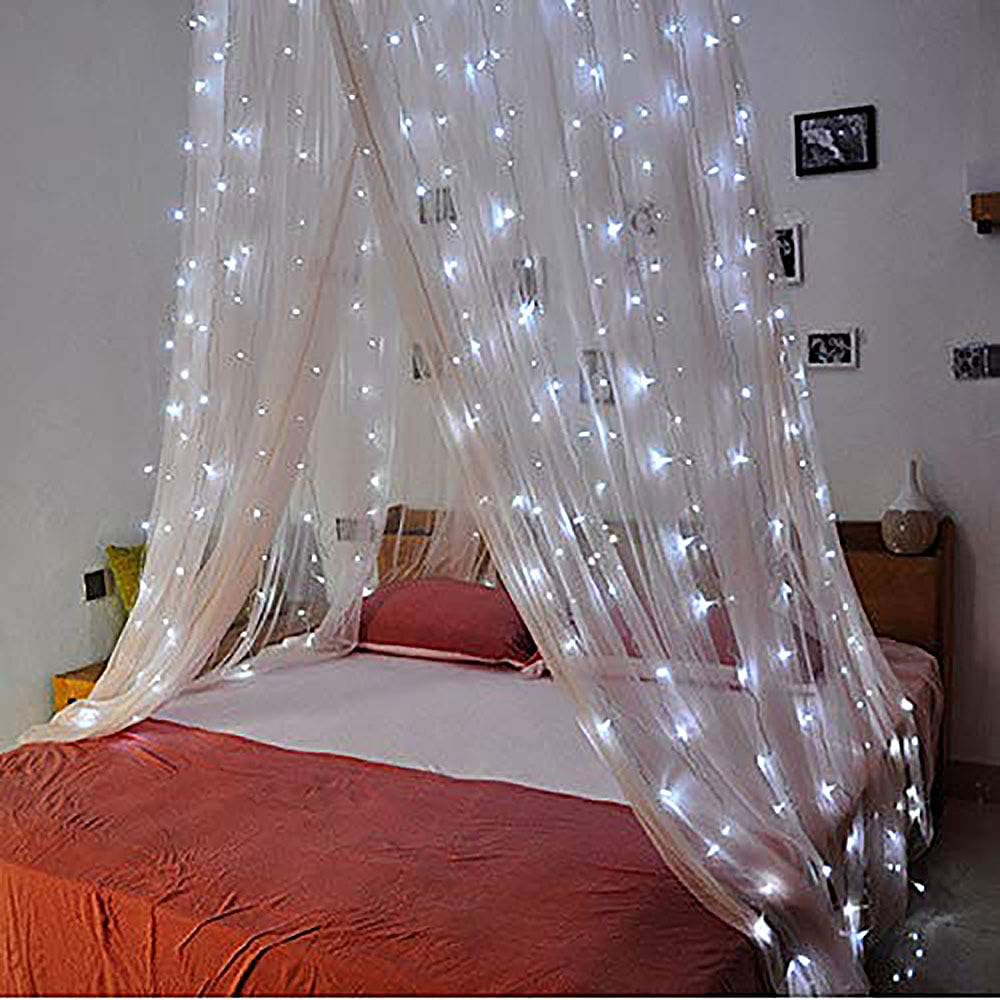 300 LED Fairy Curtain Window String Lights, Indoor String Lights 10 Ft with 8 Modes Fits Remote and Timer for Bedroom Wedding Party Patio and Christmas Decoration (Cold White)