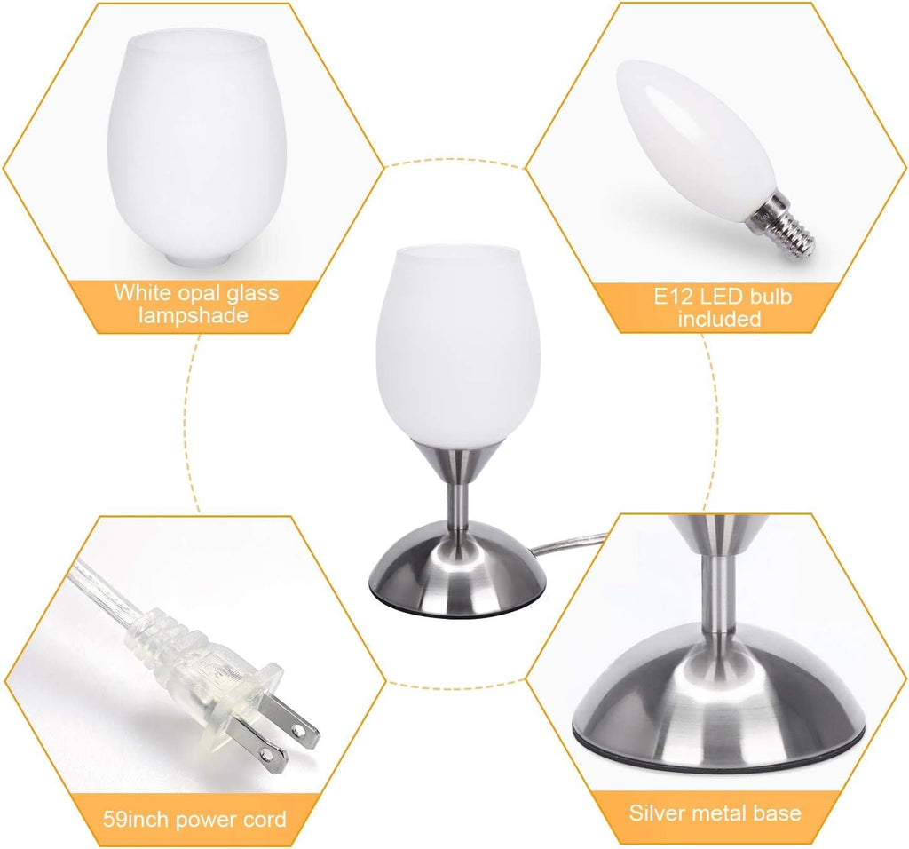 Small Touch Lamp for Bedroom Nightstand, 3-Way Dimmable Bedside Lamps Opal Glass Desk Lamp Silver Base, Tiny Table Lamp for Small Spaces Ambient Lighting for Living Room, E12 Bulb Included