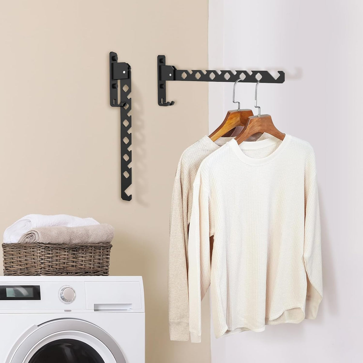 2Pcs Folding Clothes Hanger, Wall Mounted Clothes Drying Rack for Laundry 180° Adjustable Swing Arm Space Saving Closet Organizer Heavy Duty Coat Hook for Bathroom Bedroom Home Dorm