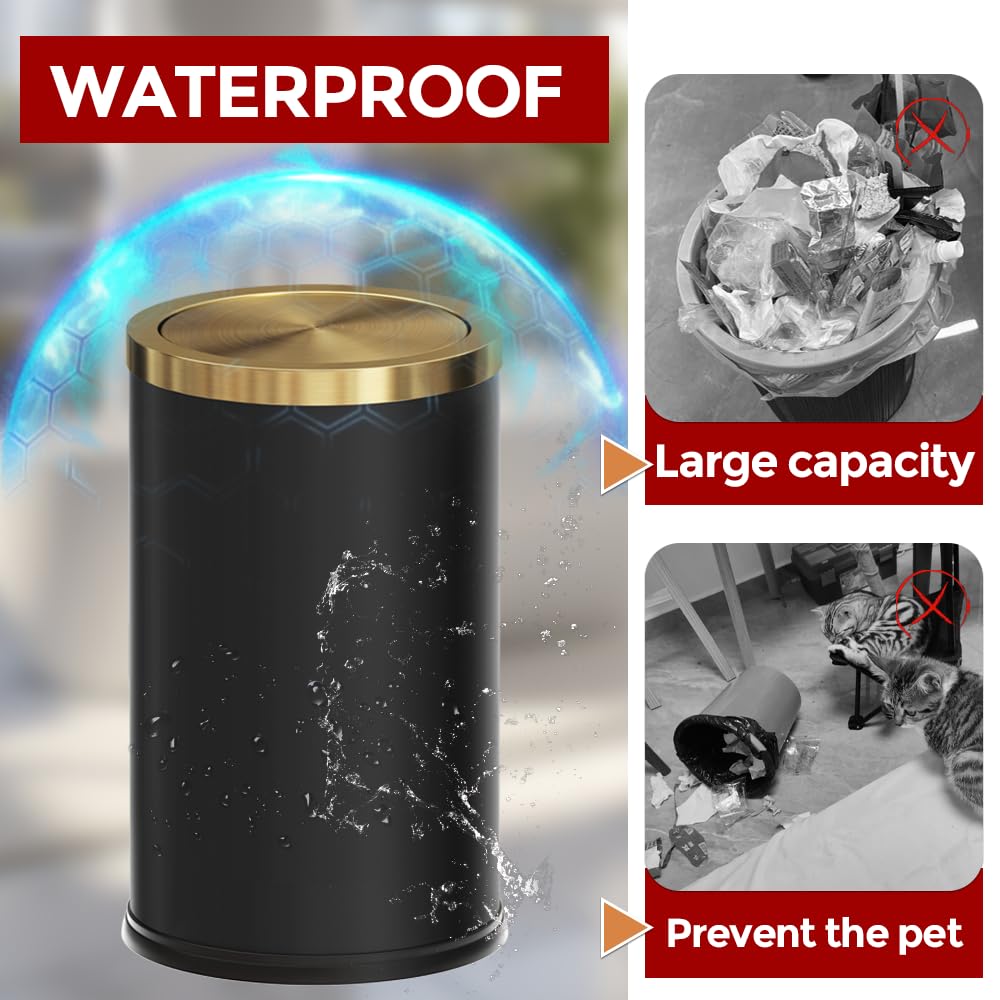 Black and Gold Bathroom Trash Can,Bathroom Garbage can with Swing Lid，Small Trash Can with Flipping Lid, 4.8gal Garbage cans for Bedroom,Living Room, Guest Room,Office,Hotel(4.7gal-Black)
