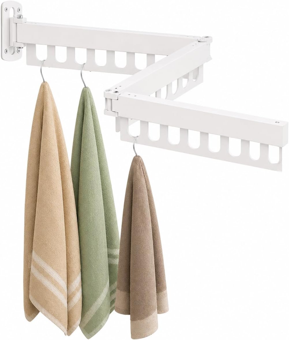 Retractable Wall Mounted Clothes Drying Rack, Rustproof Steel Drying Rack with 24 Hanging Holes, Space‑Saving Design for Apartments, Laundry Rooms, Balconies & RVs White