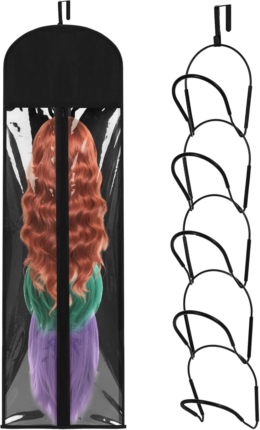 5 Pcs Wig Hangers Rack for Multiple Wigs, Dust-proof Storage Bag, Black