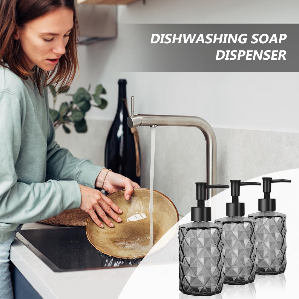 4pcs Black Glass Soap Dispenser Set, 11oz/330ml Diamond Hand Soap Dispenser