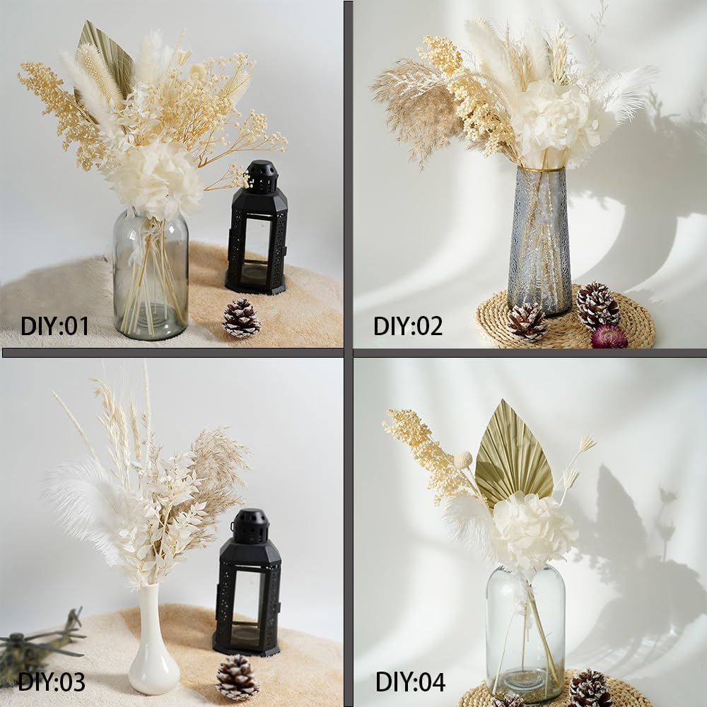 Natural Dried Pampas Grass Bouquet - 17" White & Ivory Dried Flowers with Palm Leaves & Hydrangea, Boho Home Decor for Wedding, Bridal Shower, Baby Shower & Farmhouse DIY Arrangements, No Vase