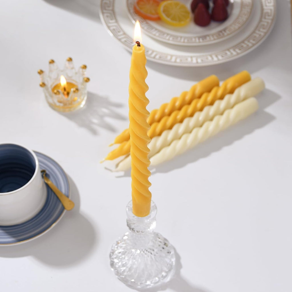 16PCS 10-Inch Pure Beeswax Spiral Taper Candles, Natural Raw, Dripless