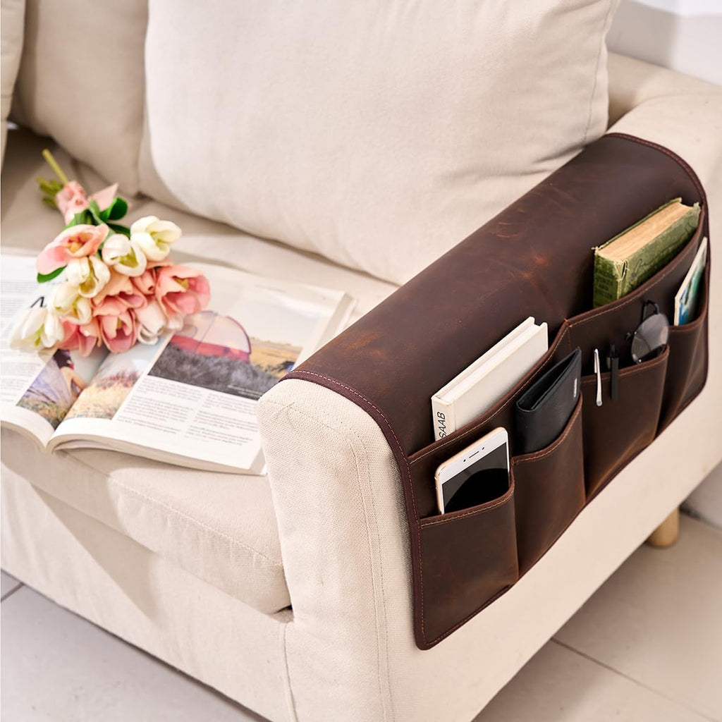 EURYNOME Personalized Sofa Armrest Genuine Leather Storage Bag,Custom Anti-Slip Sofa Organizer Pouch for Remote Control,Phone,ipad,Magazine,etc