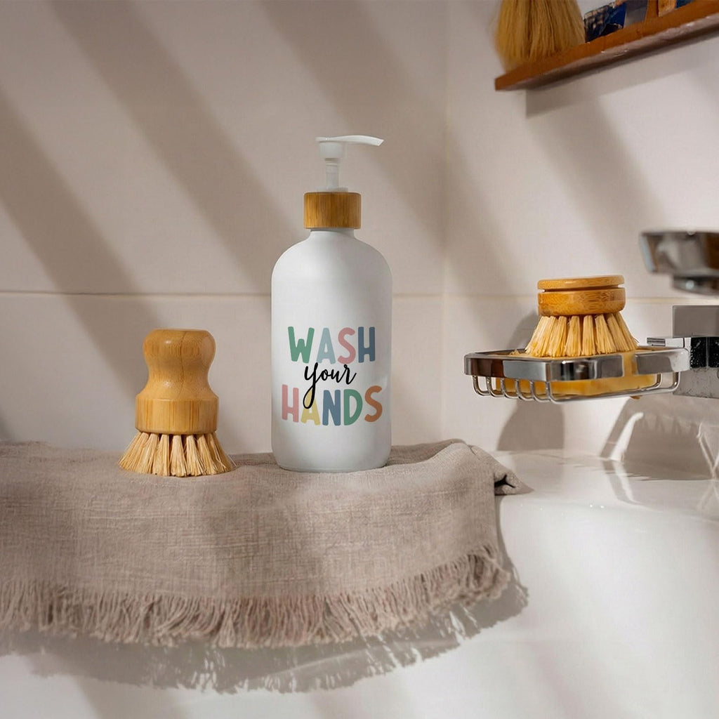Boho Kids Hand and Dish Soap Dispenser Set, Wash Your Hands & Dishes Glass Soap Dispenser, Hygiene Instruct Colorful Refillable Handsoap Pump Bottle for Bathroom Countertop Kitchen