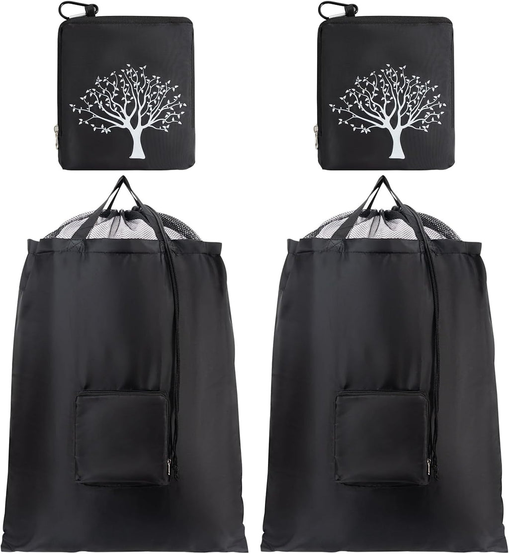 2 Packs Travel Laundry Bags, CLEADUS Foldable Dirty Clothes Bag 【Upgraded】 with Drawstring Mesh, Handles, and Carabiner, Portable, Suitable for Travel, Gym, Camping (Black)