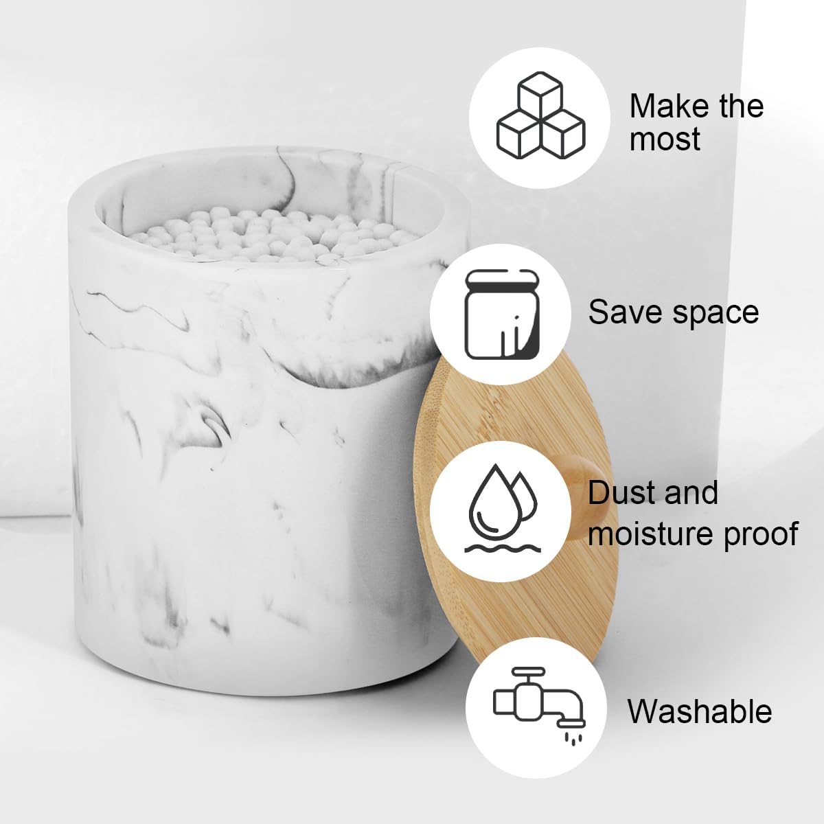 Bathroom Qtips Jars with Lid,Vanity Cotton Swab Holder,Resin Apothecary Dispenser Container,Marble Makeup Sponges Canister,Bath Salts Storage Organizer Box (Marble White with Bamboo Lid of 2)