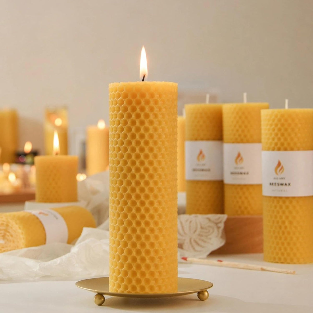 6-Pack 2x6 Beeswax Pillar Candles, Hand-Rolled Honeycomb, Natural Yellow