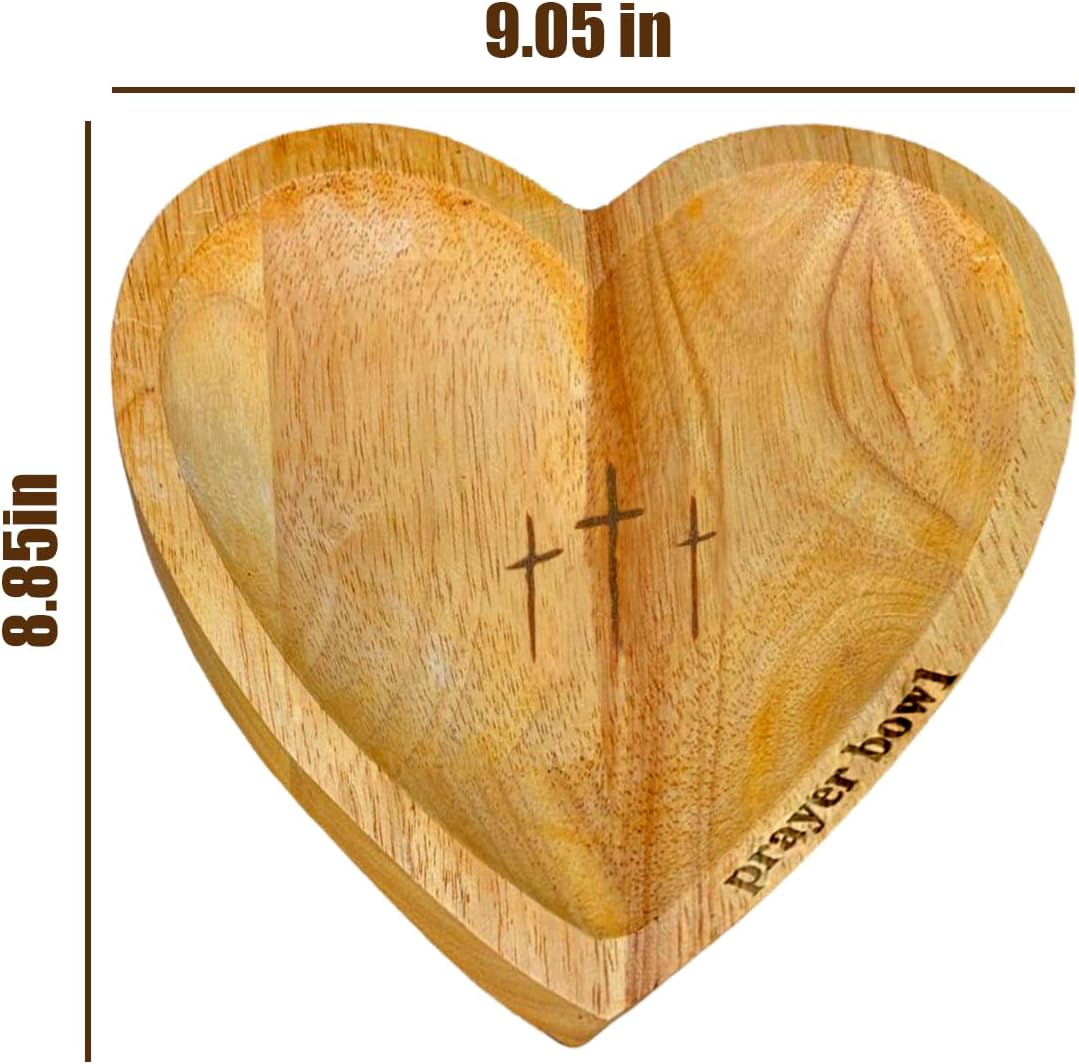 Heart Prayer Bowl Wooden with 24 Cards, Religious Prayer Dough Bowl with Cross, for Religious Christian Congregation Women Decor Gifts