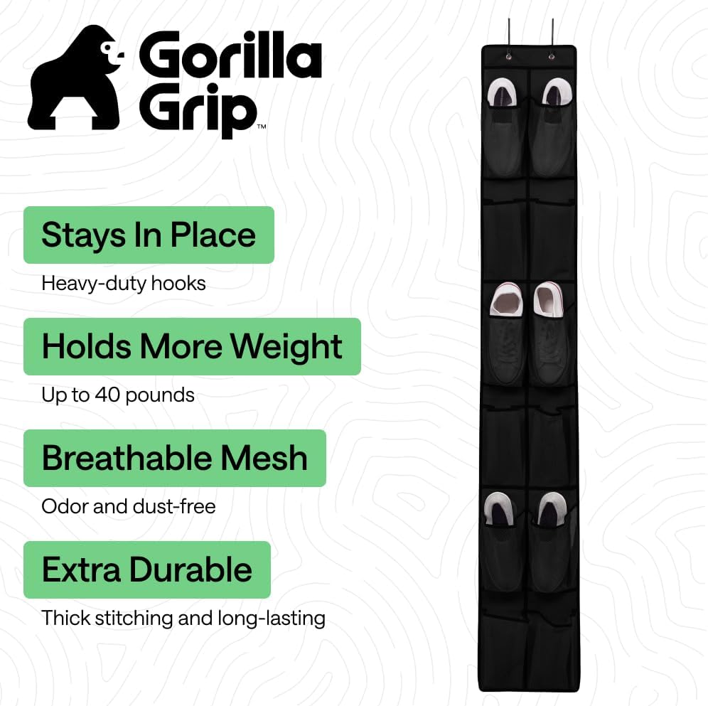 GORILLA GRIP Over the Door Shoe Organizer, 12 Large Pockets, Black