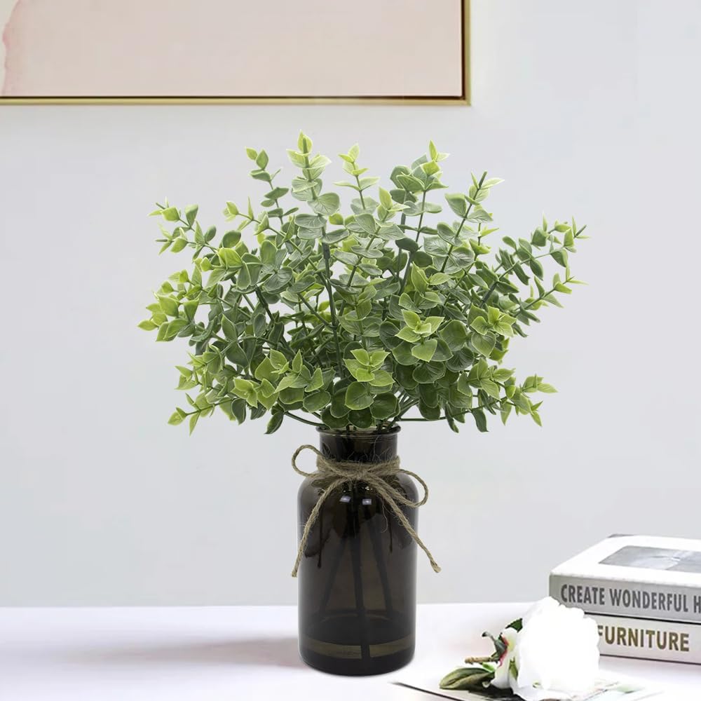 Fake Eucalyptus Stems in Black Glass Vase with Faux Water for Home Decor